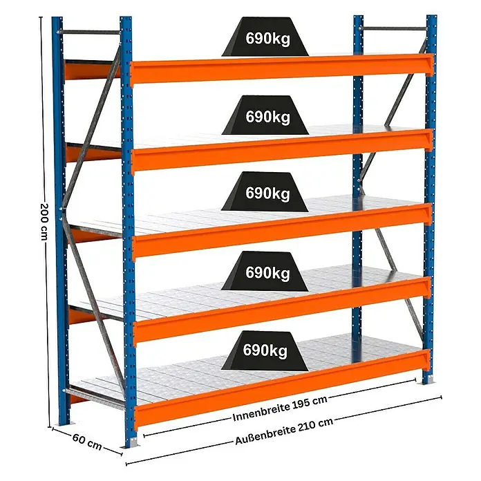 Proregal Schwerlastregal Industrie Weitspannregal MAXIMUS Pro - H x B x T: 200 x 210 x 60 cm, Traglast pro Boden: 690 kg, Anzahl Böden: 5 Stk., Stecken, Blau/Orange