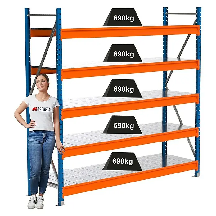 Proregal Schwerlastregal Industrie Weitspannregal MAXIMUS Pro - H x B x T: 200 x 210 x 60 cm, Traglast pro Boden: 690 kg, Anzahl Böden: 5 Stk., Stecken, Blau/Orange