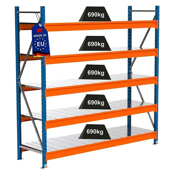 Proregal Schwerlastregal Industrie Weitspannregal MAXIMUS Pro - H x B x T: 200 x 210 x 60 cm, Traglast pro Boden: 690 kg, Anzahl Böden: 5 Stk., Stecken, Blau/Orange