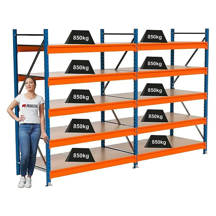 Proregal Schwerlastregal Industrie Weitspannregal MAXIMUS Pro - H x B x T: 200 x 310 x 80 cm, Traglast pro Boden: 850 kg, Anzahl Böden: 5 Stk., Stecken, Blau/Orange