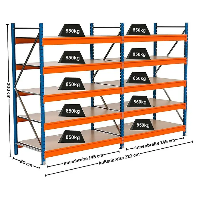 Proregal Schwerlastregal Industrie Weitspannregal MAXIMUS Pro - H x B x T: 200 x 310 x 80 cm, Traglast pro Boden: 850 kg, Anzahl Böden: 5 Stk., Stecken, Blau/Orange