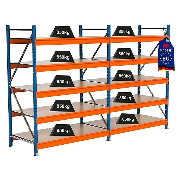 Proregal Schwerlastregal Industrie Weitspannregal MAXIMUS Pro - H x B x T: 200 x 310 x 80 cm, Traglast pro Boden: 850 kg, Anzahl Böden: 5 Stk., Stecken, Blau/Orange