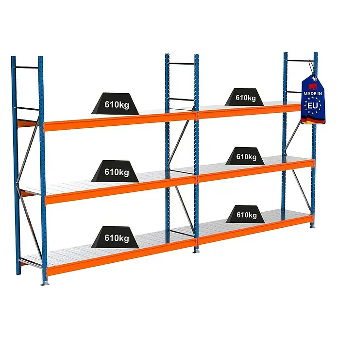 Proregal Schwerlastregal Industrie Weitspannregal MAXIMUS Pro - H x B x T: 250 x 460 x 60 cm, Traglast pro Boden: 610 kg, Anzahl Böden: 3 Stk., Stecken, Blau/Orange