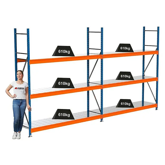 Proregal Schwerlastregal Industrie Weitspannregal MAXIMUS Pro - H x B x T: 250 x 460 x 60 cm, Traglast pro Boden: 610 kg, Anzahl Böden: 3 Stk., Stecken, Blau/Orange