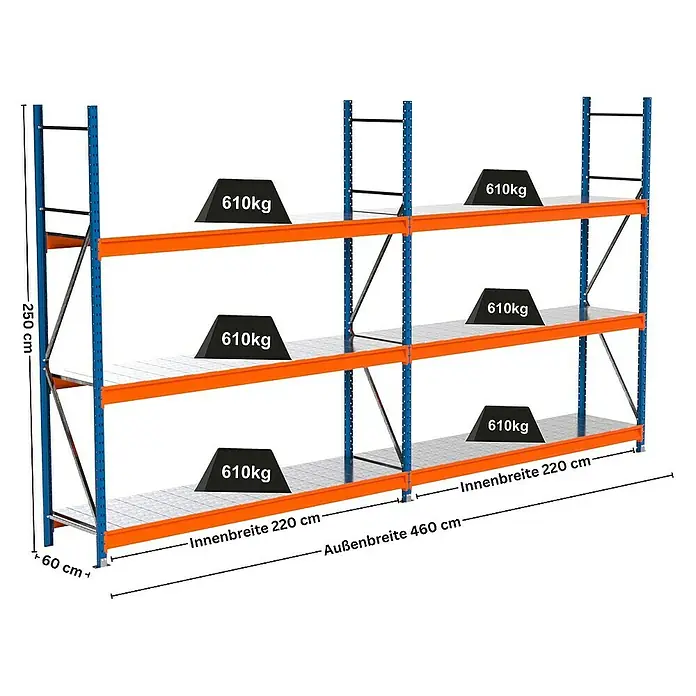 Proregal Schwerlastregal Industrie Weitspannregal MAXIMUS Pro - H x B x T: 250 x 460 x 60 cm, Traglast pro Boden: 610 kg, Anzahl Böden: 3 Stk., Stecken, Blau/Orange