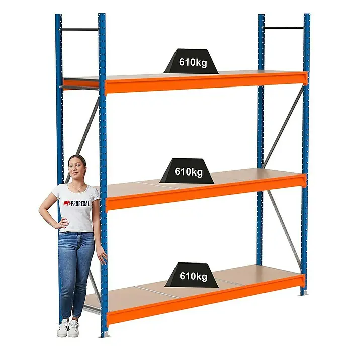 Proregal Schwerlastregal Industrie Weitspannregal MAXIMUS Pro - H x B x T: 250 x 235 x 60 cm, Traglast pro Boden: 610 kg, Anzahl Böden: 3 Stk., Stecken, Blau/Orange