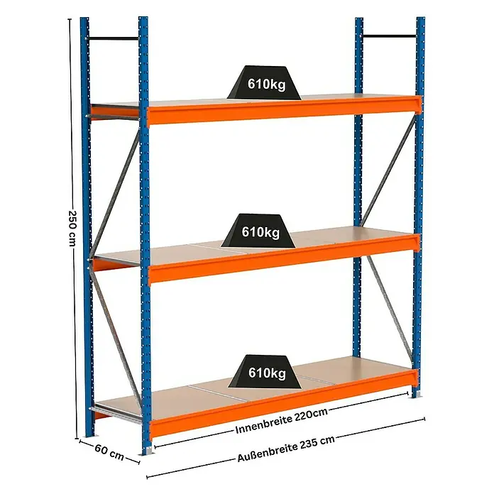 Proregal Schwerlastregal Industrie Weitspannregal MAXIMUS Pro - H x B x T: 250 x 235 x 60 cm, Traglast pro Boden: 610 kg, Anzahl Böden: 3 Stk., Stecken, Blau/Orange