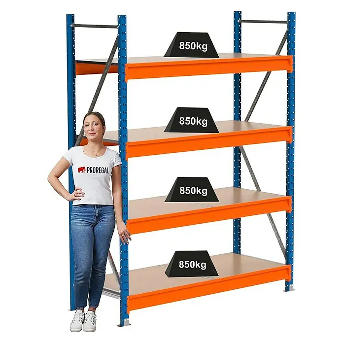 Proregal Schwerlastregal Industrie Weitspannregal MAXIMUS Pro - H x B x T: 200 x 160 x 60 cm, Traglast pro Boden: 850 kg, Anzahl Böden: 4 Stk., Stecken, Blau/Orange