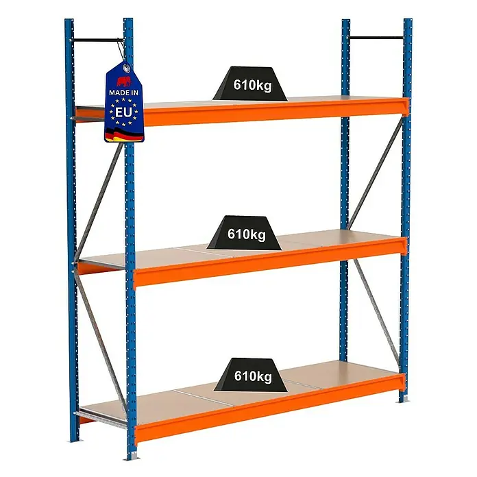 Proregal Schwerlastregal Industrie Weitspannregal MAXIMUS Pro - H x B x T: 250 x 235 x 60 cm, Traglast pro Boden: 610 kg, Anzahl Böden: 3 Stk., Stecken, Blau/Orange