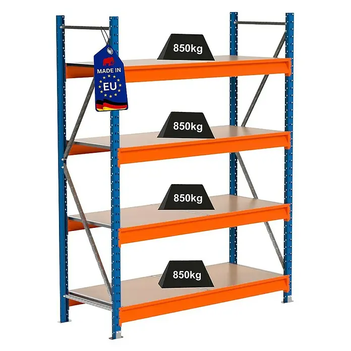 Proregal Schwerlastregal Industrie Weitspannregal MAXIMUS Pro - H x B x T: 200 x 160 x 60 cm, Traglast pro Boden: 850 kg, Anzahl Böden: 4 Stk., Stecken, Blau/Orange