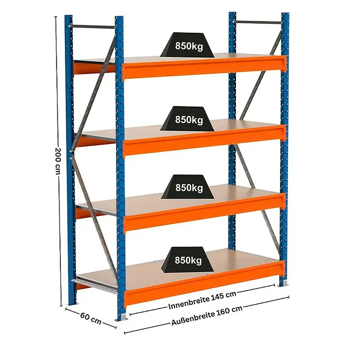 Proregal Schwerlastregal Industrie Weitspannregal MAXIMUS Pro - H x B x T: 200 x 160 x 60 cm, Traglast pro Boden: 850 kg, Anzahl Böden: 4 Stk., Stecken, Blau/Orange
