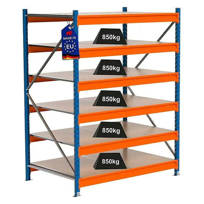 Proregal Schwerlastregal Industrie Weitspannregal MAXIMUS Pro - H x B x T: 200 x 160 x 100 cm, Traglast pro Boden: 850 kg, Anzahl Böden: 6 Stk., Stecken, Blau/Orange