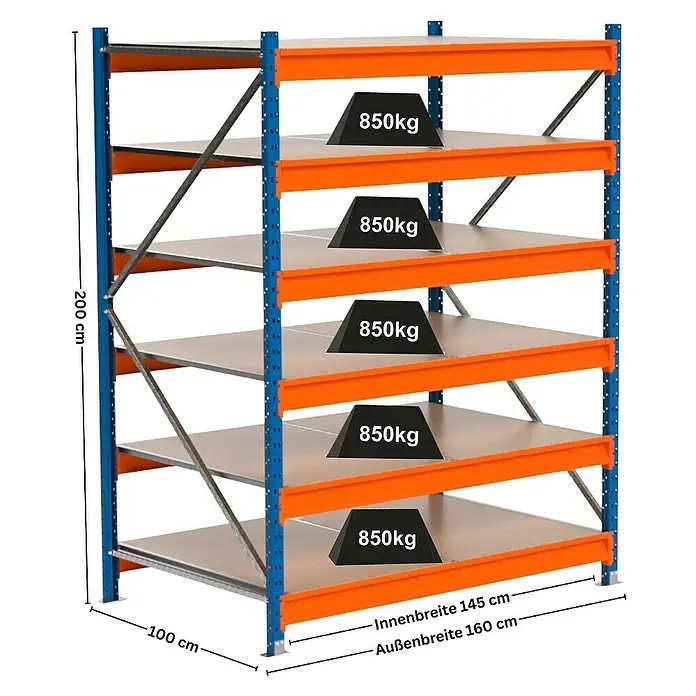 Proregal Schwerlastregal Industrie Weitspannregal MAXIMUS Pro - H x B x T: 200 x 160 x 100 cm, Traglast pro Boden: 850 kg, Anzahl Böden: 6 Stk., Stecken, Blau/Orange