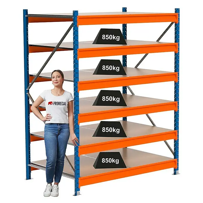 Proregal Schwerlastregal Industrie Weitspannregal MAXIMUS Pro - H x B x T: 200 x 160 x 100 cm, Traglast pro Boden: 850 kg, Anzahl Böden: 6 Stk., Stecken, Blau/Orange
