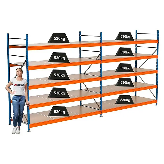 Proregal Schwerlastregal Industrie Weitspannregal MAXIMUS Pro - H x B x T: 250 x 510 x 100 cm, Traglast pro Boden: 530 kg, Anzahl Böden: 5 Stk., Stecken, Blau/Orange