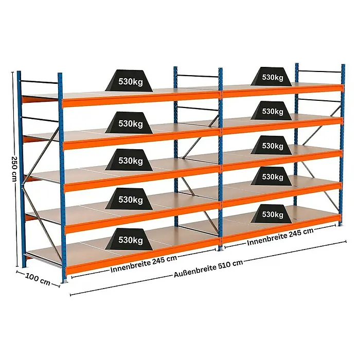 Proregal Schwerlastregal Industrie Weitspannregal MAXIMUS Pro - H x B x T: 250 x 510 x 100 cm, Traglast pro Boden: 530 kg, Anzahl Böden: 5 Stk., Stecken, Blau/Orange
