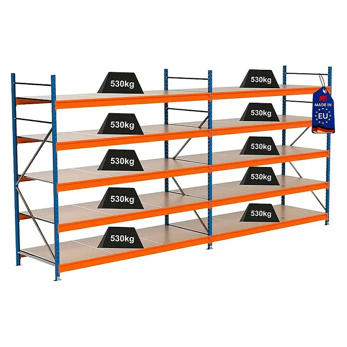 Proregal Schwerlastregal Industrie Weitspannregal MAXIMUS Pro - H x B x T: 250 x 510 x 100 cm, Traglast pro Boden: 530 kg, Anzahl Böden: 5 Stk., Stecken, Blau/Orange