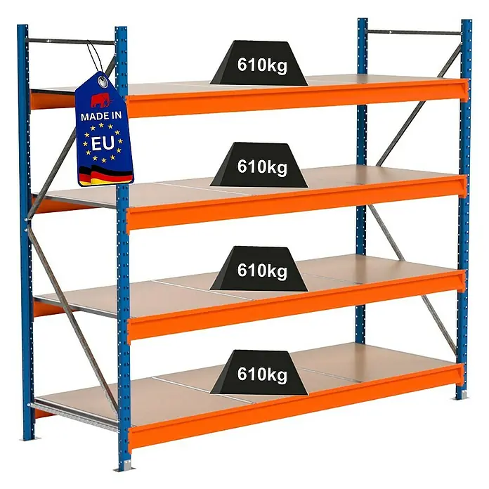 Proregal Schwerlastregal Industrie Weitspannregal MAXIMUS Pro - H x B x T: 200 x 235 x 80 cm, Traglast pro Boden: 610 kg, Anzahl Böden: 4 Stk., Stecken, Blau/Orange