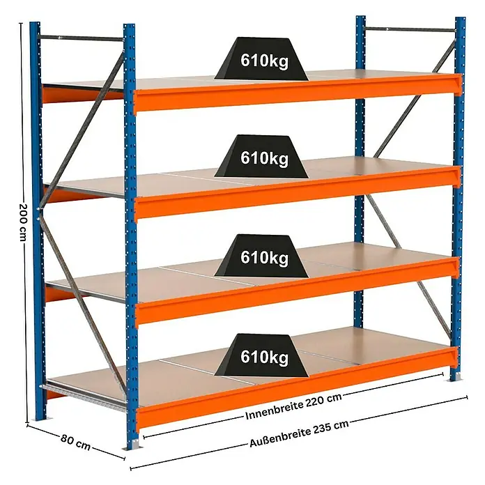 Proregal Schwerlastregal Industrie Weitspannregal MAXIMUS Pro - H x B x T: 200 x 235 x 80 cm, Traglast pro Boden: 610 kg, Anzahl Böden: 4 Stk., Stecken, Blau/Orange