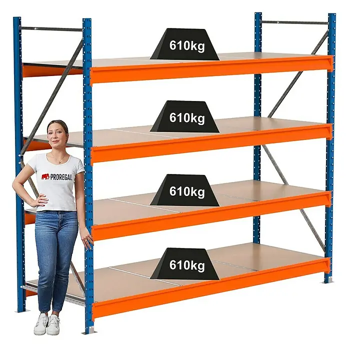 Proregal Schwerlastregal Industrie Weitspannregal MAXIMUS Pro - H x B x T: 200 x 235 x 80 cm, Traglast pro Boden: 610 kg, Anzahl Böden: 4 Stk., Stecken, Blau/Orange