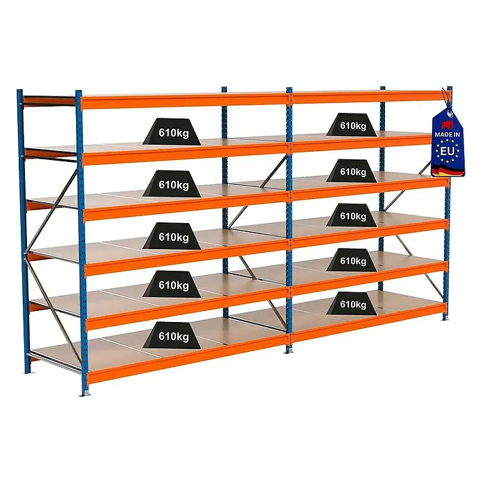 Proregal Schwerlastregal Industrie Weitspannregal MAXIMUS Pro - H x B x T: 250 x 460 x 100 cm, Traglast pro Boden: 610 kg, Anzahl Böden: 6 Stk., Stecken, Blau/Orange