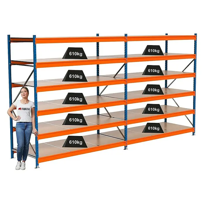 Proregal Schwerlastregal Industrie Weitspannregal MAXIMUS Pro - H x B x T: 250 x 460 x 100 cm, Traglast pro Boden: 610 kg, Anzahl Böden: 6 Stk., Stecken, Blau/Orange