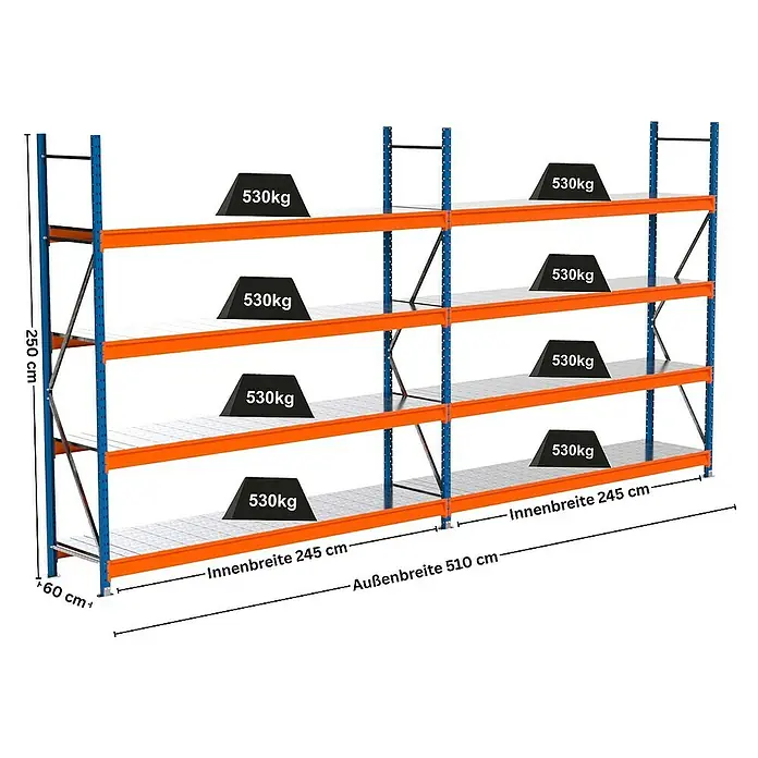 Proregal Schwerlastregal Industrie Weitspannregal MAXIMUS Pro - H x B x T: 250 x 510 x 60 cm, Traglast pro Boden: 530 kg, Anzahl Böden: 4 Stk., Stecken, Blau/Orange