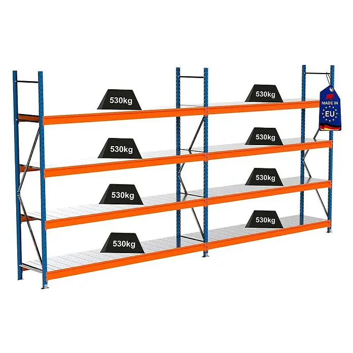 Proregal Schwerlastregal Industrie Weitspannregal MAXIMUS Pro - H x B x T: 250 x 510 x 60 cm, Traglast pro Boden: 530 kg, Anzahl Böden: 4 Stk., Stecken, Blau/Orange