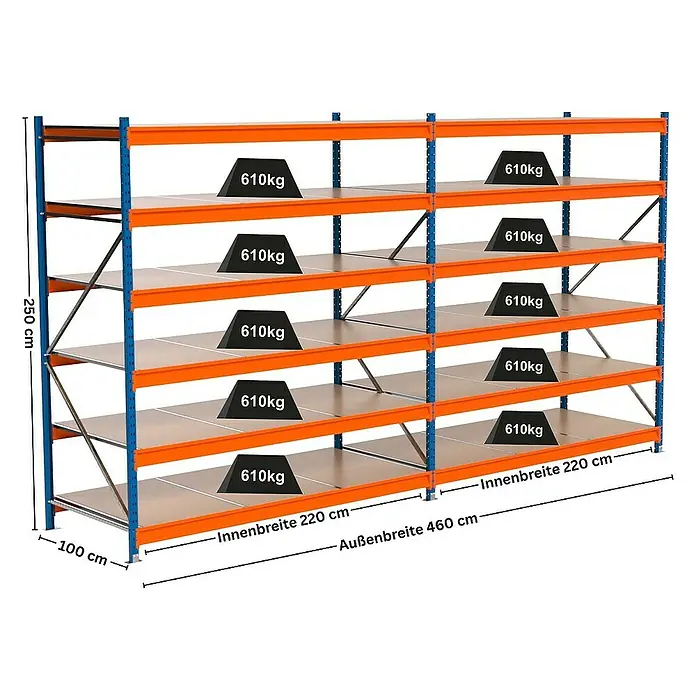 Proregal Schwerlastregal Industrie Weitspannregal MAXIMUS Pro - H x B x T: 250 x 460 x 100 cm, Traglast pro Boden: 610 kg, Anzahl Böden: 6 Stk., Stecken, Blau/Orange