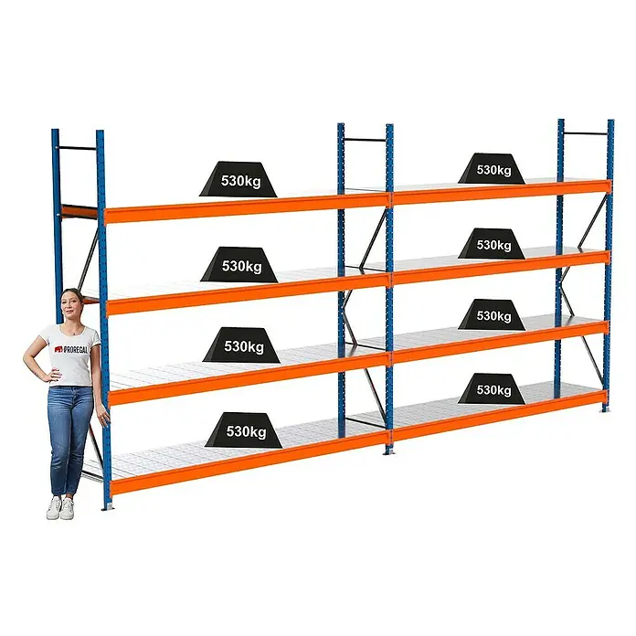 Proregal Schwerlastregal Industrie Weitspannregal MAXIMUS Pro - H x B x T: 250 x 510 x 60 cm, Traglast pro Boden: 530 kg, Anzahl Böden: 4 Stk., Stecken, Blau/Orange