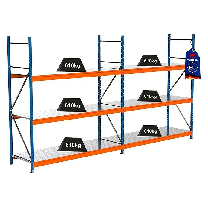Proregal Schwerlastregal Industrie Weitspannregal MAXIMUS Pro - H x B x T: 250 x 460 x 80 cm, Traglast pro Boden: 610 kg, Anzahl Böden: 3 Stk., Stecken, Blau/Orange