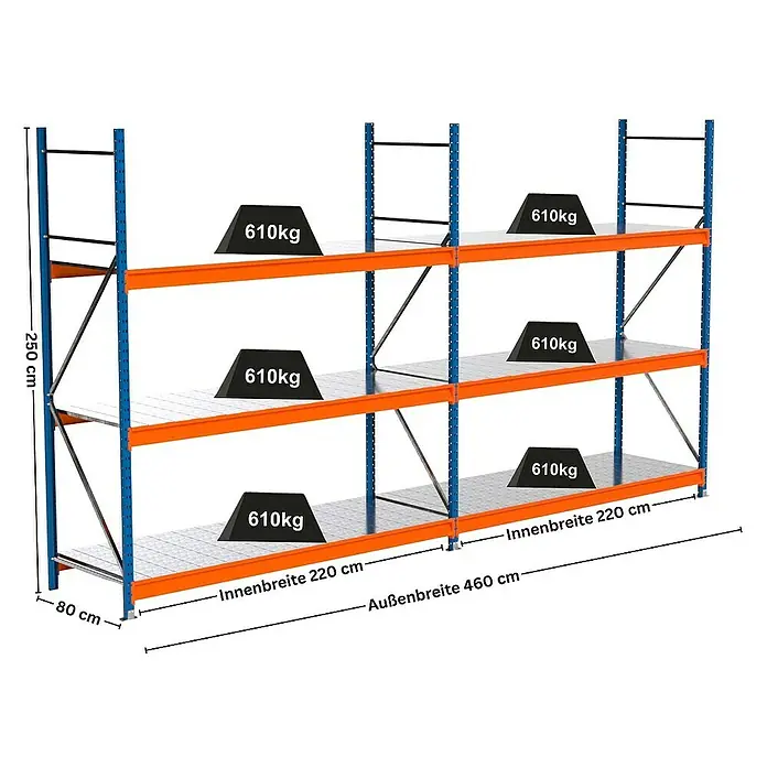 Proregal Schwerlastregal Industrie Weitspannregal MAXIMUS Pro - H x B x T: 250 x 460 x 80 cm, Traglast pro Boden: 610 kg, Anzahl Böden: 3 Stk., Stecken, Blau/Orange