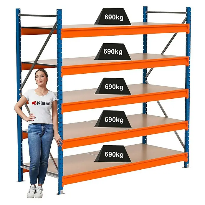 Proregal Schwerlastregal Industrie Weitspannregal MAXIMUS Pro - H x B x T: 200 x 210 x 80 cm, Traglast pro Boden: 690 kg, Anzahl Böden: 5 Stk., Stecken, Blau/Orange