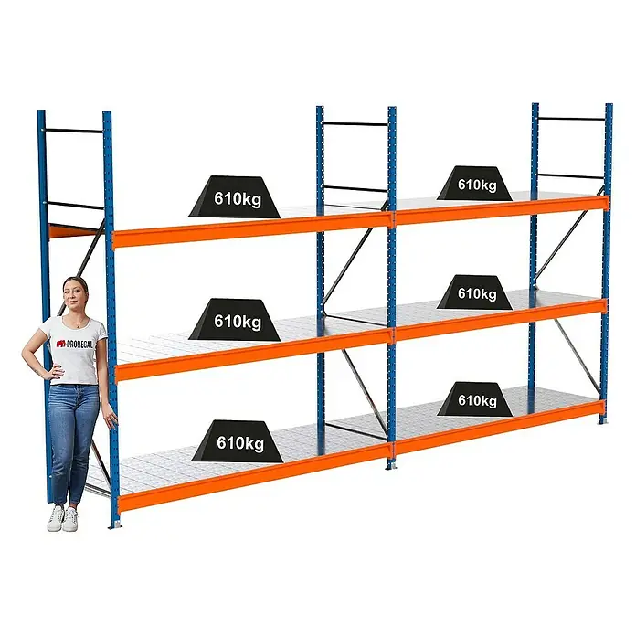 Proregal Schwerlastregal Industrie Weitspannregal MAXIMUS Pro - H x B x T: 250 x 460 x 80 cm, Traglast pro Boden: 610 kg, Anzahl Böden: 3 Stk., Stecken, Blau/Orange