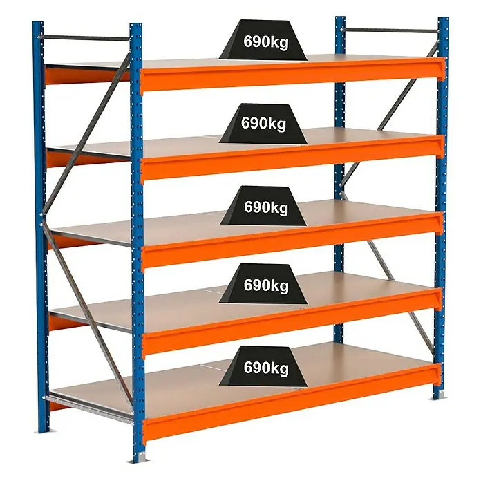 Proregal Schwerlastregal Industrie Weitspannregal MAXIMUS Pro - H x B x T: 200 x 210 x 80 cm, Traglast pro Boden: 690 kg, Anzahl Böden: 5 Stk., Stecken, Blau/Orange