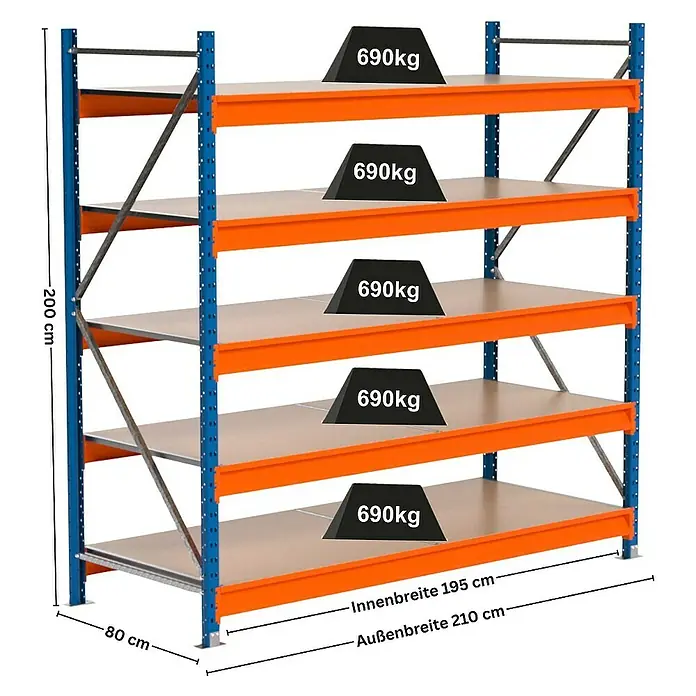 Proregal Schwerlastregal Industrie Weitspannregal MAXIMUS Pro - H x B x T: 200 x 210 x 80 cm, Traglast pro Boden: 690 kg, Anzahl Böden: 5 Stk., Stecken, Blau/Orange