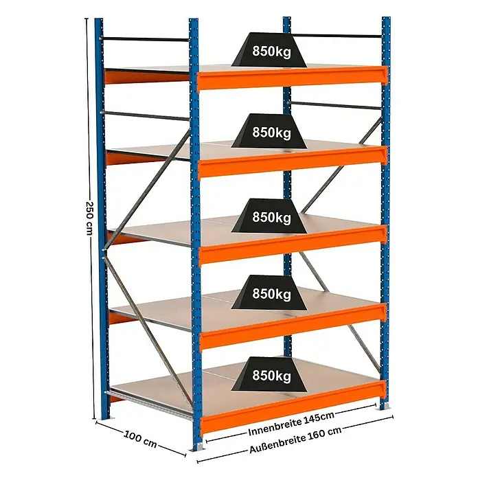 Proregal Schwerlastregal Industrie Weitspannregal MAXIMUS Pro - H x B x T: 250 x 160 x 100 cm, Traglast pro Boden: 850 kg, Anzahl Böden: 5 Stk., Stecken, Blau/Orange