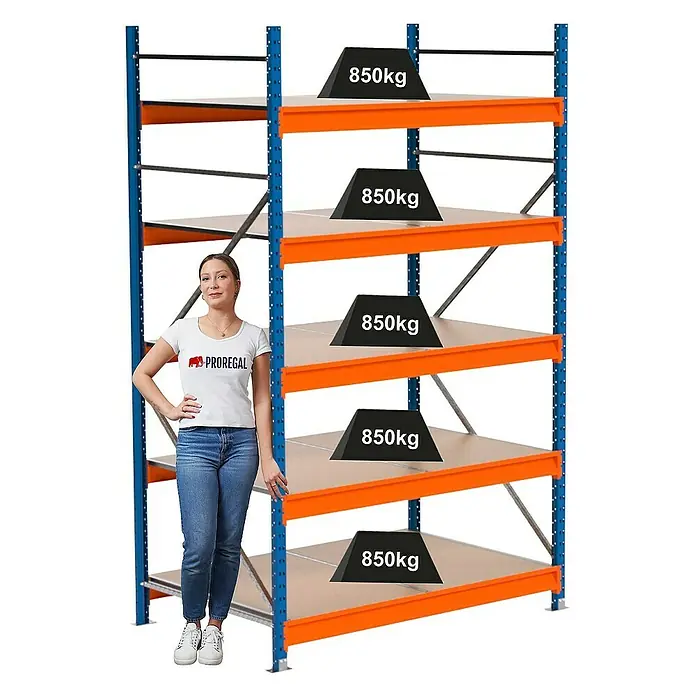 Proregal Schwerlastregal Industrie Weitspannregal MAXIMUS Pro - H x B x T: 250 x 160 x 100 cm, Traglast pro Boden: 850 kg, Anzahl Böden: 5 Stk., Stecken, Blau/Orange