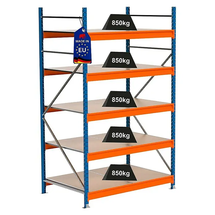 Proregal Schwerlastregal Industrie Weitspannregal MAXIMUS Pro - H x B x T: 250 x 160 x 100 cm, Traglast pro Boden: 850 kg, Anzahl Böden: 5 Stk., Stecken, Blau/Orange