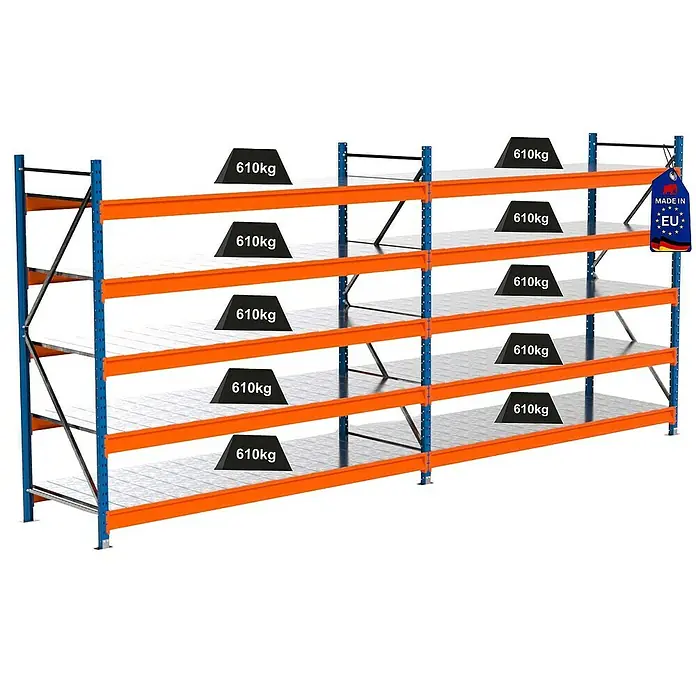 Proregal Schwerlastregal Industrie Weitspannregal MAXIMUS Pro - H x B x T: 200 x 460 x 80 cm, Traglast pro Boden: 610 kg, Anzahl Böden: 5 Stk., Stecken, Blau/Orange