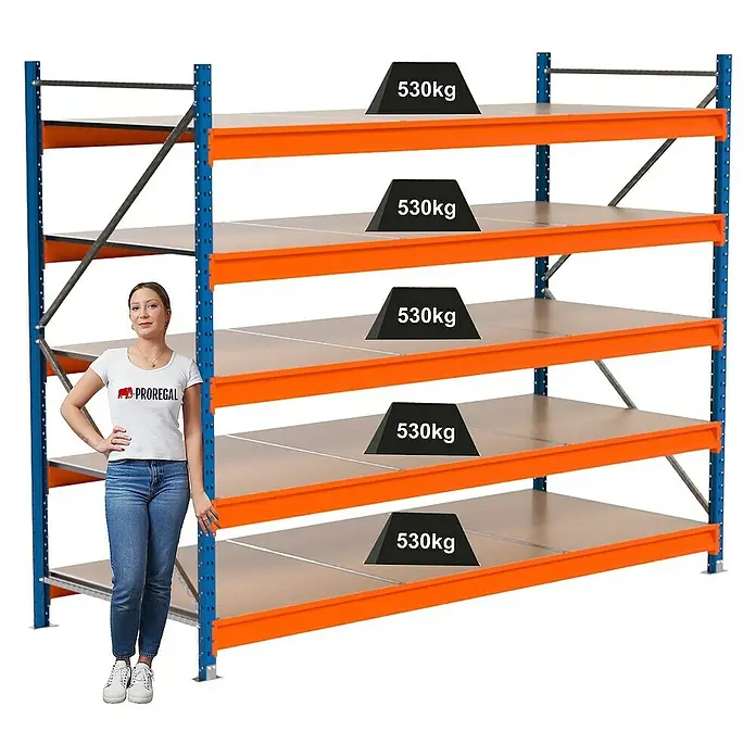 Proregal Schwerlastregal Industrie Weitspannregal MAXIMUS Pro - H x B x T: 200 x 260 x 100 cm, Traglast pro Boden: 530 kg, Anzahl Böden: 5 Stk., Stecken, Blau/Orange