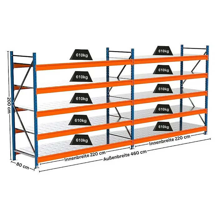 Proregal Schwerlastregal Industrie Weitspannregal MAXIMUS Pro - H x B x T: 200 x 460 x 80 cm, Traglast pro Boden: 610 kg, Anzahl Böden: 5 Stk., Stecken, Blau/Orange