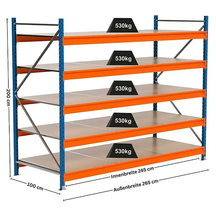 Proregal Schwerlastregal Industrie Weitspannregal MAXIMUS Pro - H x B x T: 200 x 260 x 100 cm, Traglast pro Boden: 530 kg, Anzahl Böden: 5 Stk., Stecken, Blau/Orange
