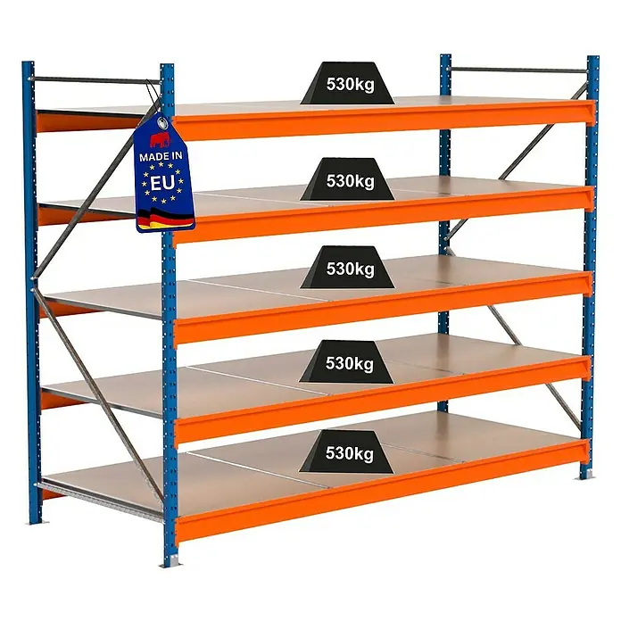 Proregal Schwerlastregal Industrie Weitspannregal MAXIMUS Pro - H x B x T: 200 x 260 x 100 cm, Traglast pro Boden: 530 kg, Anzahl Böden: 5 Stk., Stecken, Blau/Orange