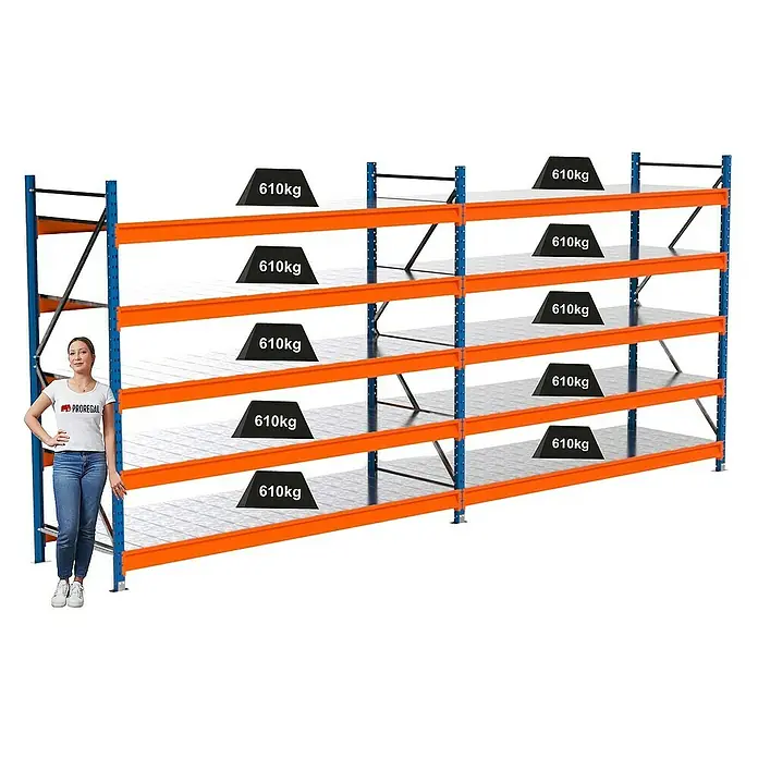 Proregal Schwerlastregal Industrie Weitspannregal MAXIMUS Pro - H x B x T: 200 x 460 x 80 cm, Traglast pro Boden: 610 kg, Anzahl Böden: 5 Stk., Stecken, Blau/Orange