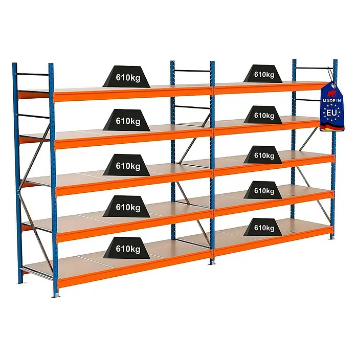 Proregal Schwerlastregal Industrie Weitspannregal MAXIMUS Pro - H x B x T: 250 x 460 x 80 cm, Traglast pro Boden: 610 kg, Anzahl Böden: 5 Stk., Stecken, Blau/Orange