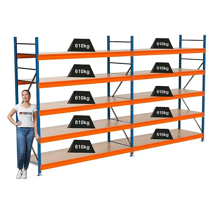 Proregal Schwerlastregal Industrie Weitspannregal MAXIMUS Pro - H x B x T: 250 x 460 x 80 cm, Traglast pro Boden: 610 kg, Anzahl Böden: 5 Stk., Stecken, Blau/Orange