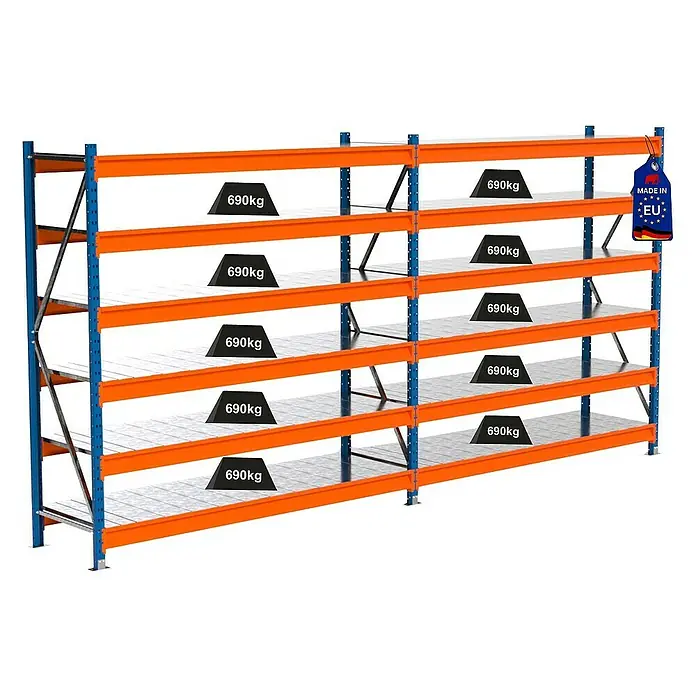 Proregal Schwerlastregal Industrie Weitspannregal MAXIMUS Pro - H x B x T: 200 x 410 x 60 cm, Traglast pro Boden: 690 kg, Anzahl Böden: 6 Stk., Stecken, Blau/Orange