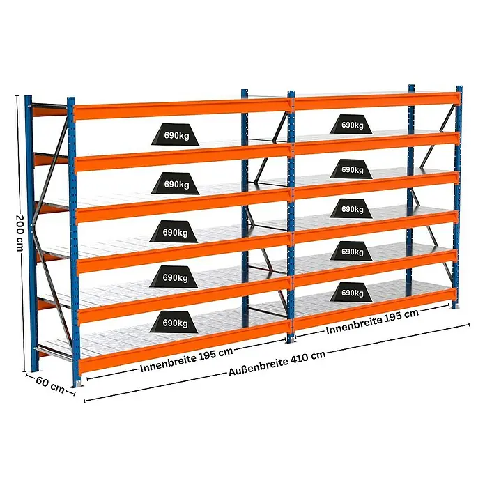 Proregal Schwerlastregal Industrie Weitspannregal MAXIMUS Pro - H x B x T: 200 x 410 x 60 cm, Traglast pro Boden: 690 kg, Anzahl Böden: 6 Stk., Stecken, Blau/Orange