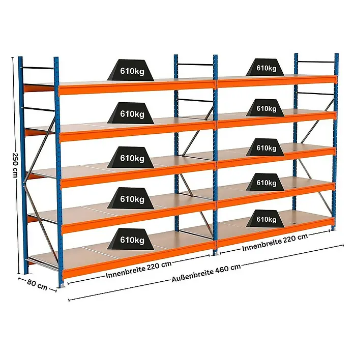 Proregal Schwerlastregal Industrie Weitspannregal MAXIMUS Pro - H x B x T: 250 x 460 x 80 cm, Traglast pro Boden: 610 kg, Anzahl Böden: 5 Stk., Stecken, Blau/Orange